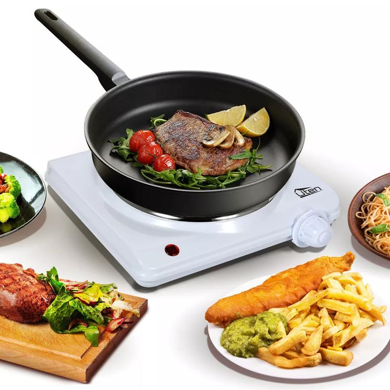 Stainless Steel Single Hotplate, Home Kitchen Electric Hotplate, 1250-1500W , 5 Power Levels Mobile Hotplate for Travel and Camping, Continuously Adjustable Thermostats, Overheating Protection, Cast Iron 2