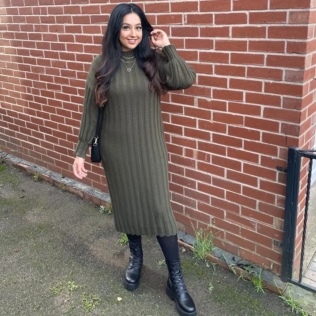 Balloon sleeve ribbed midi