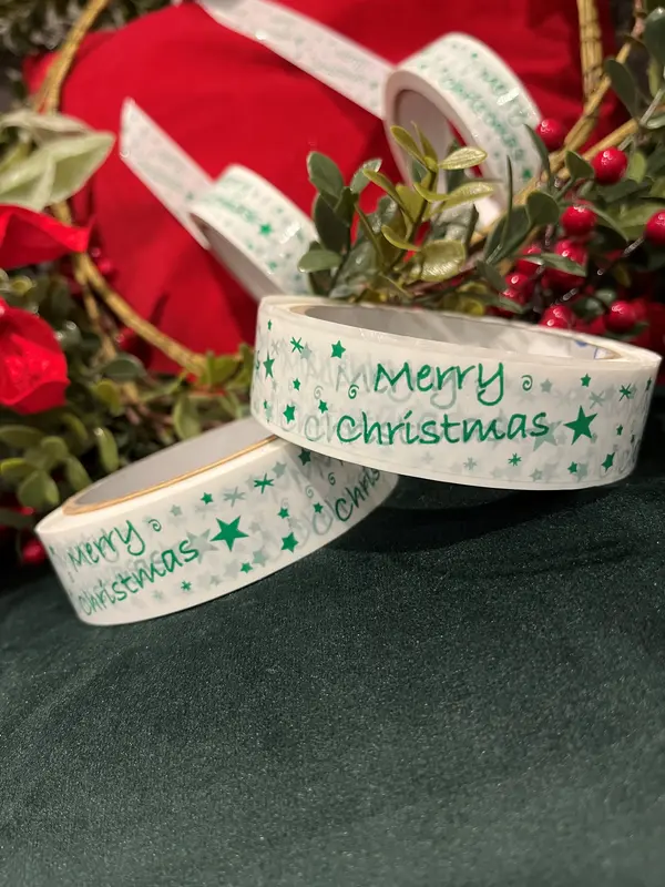 Vibac Christmas Printed Tape - Durable White Background with Merry Christmas and Stars Print - 25 mm x 33 metres 4