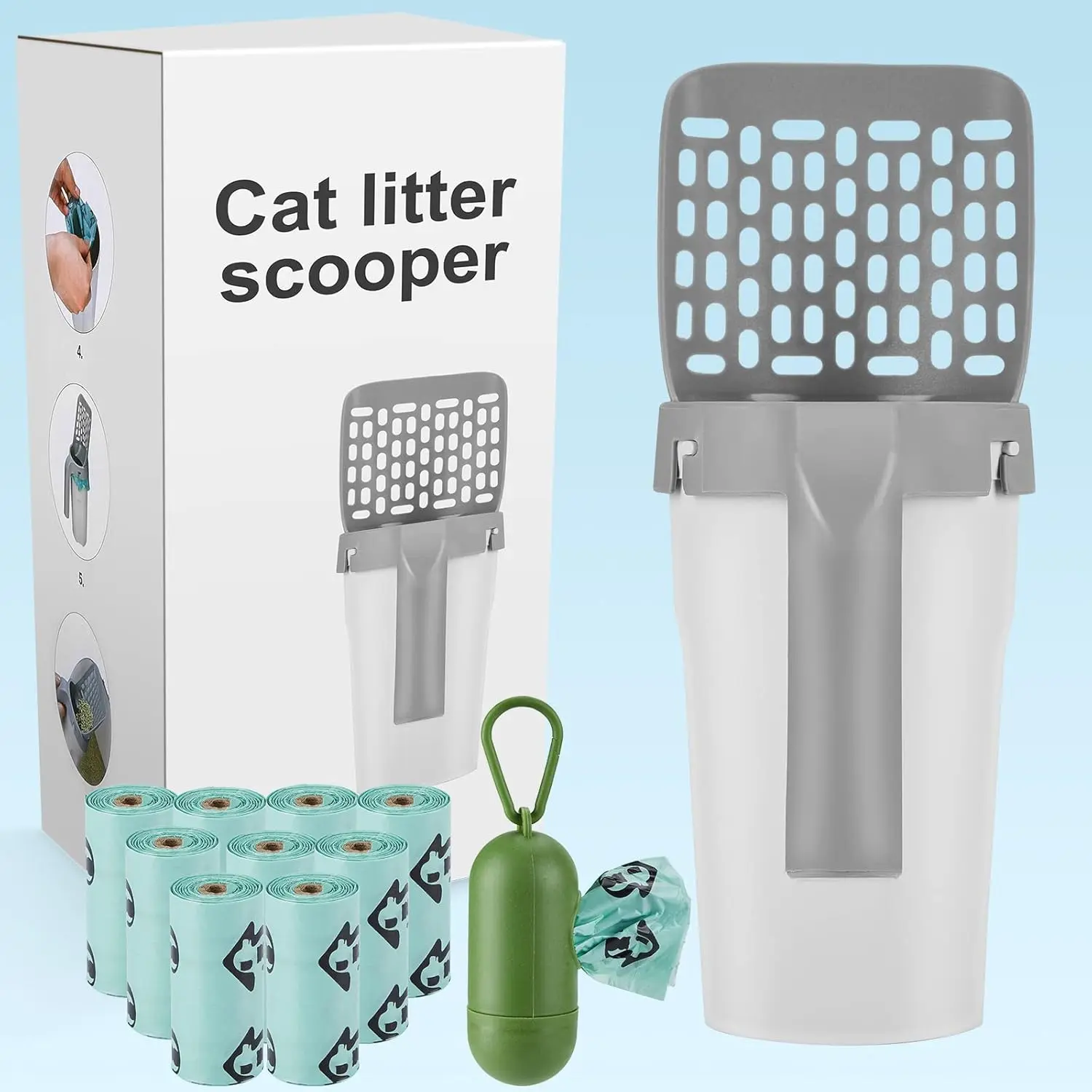 Cat Litter Scoop Set with Integrated Waste Bag Dispenser - Durable PP Material - Pet Litter Sifter for Efficient Cleaning - Suitable for All Cat Breeds