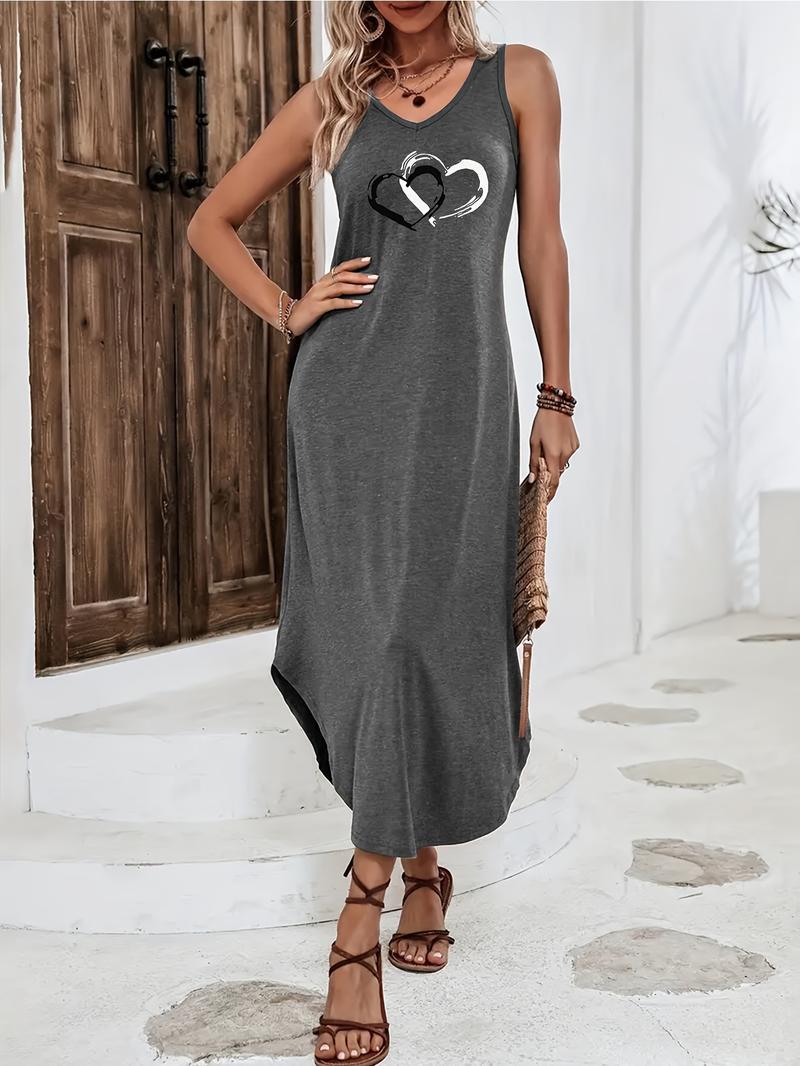 Product Introduction of Women'S Summer Sleeveless V-Neck Dress, Casual Loose Fit Long Dress with Heart Print, Polyester 95% Spandex 5% Knit Fabric, Fashionable Grey Tank Dress for Ladies 7