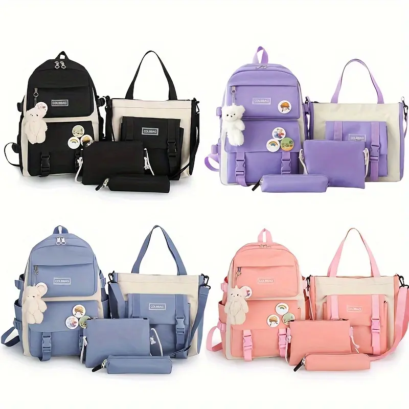 4pcs/set Simple Casual Backpack Large Capacity School Bag Travel Bag Canvas Shoulder Bag For Students 0