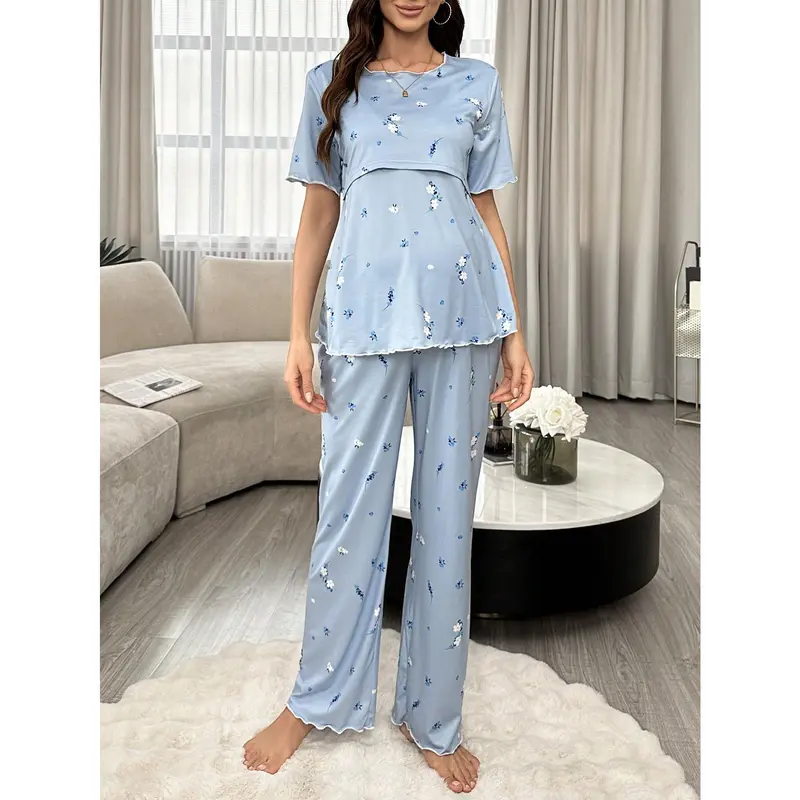 Underwear&Sleepwear Maternity Floral Pattern Nursing Short Sleeve Top And Long Pants Maternity Pajama Set 5