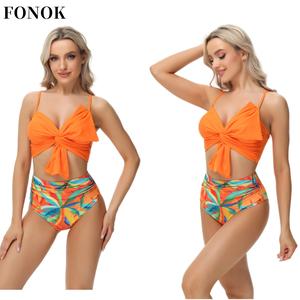 【FONOK】2025 Summer family adult children split swimsuit suspender swimsuit women's swimsuit set big bow bikini print swimsuit