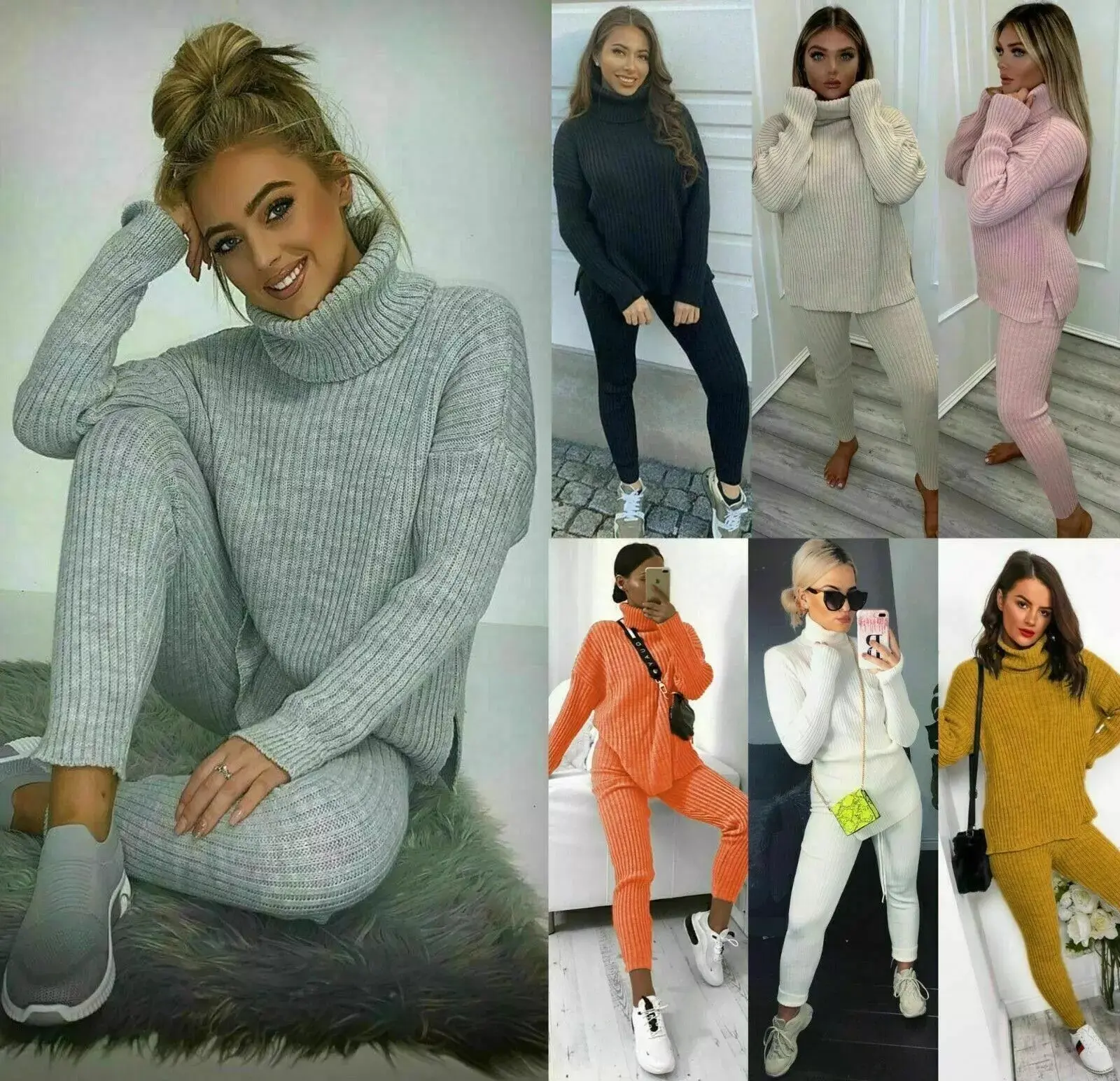 Ladies Chunky Knitted Loungewear Ladies Polo High Neck Top Leggings Suit Womenswear Overalls Underwear Lady Women Comfort Basic Long Sleeve Minimalist