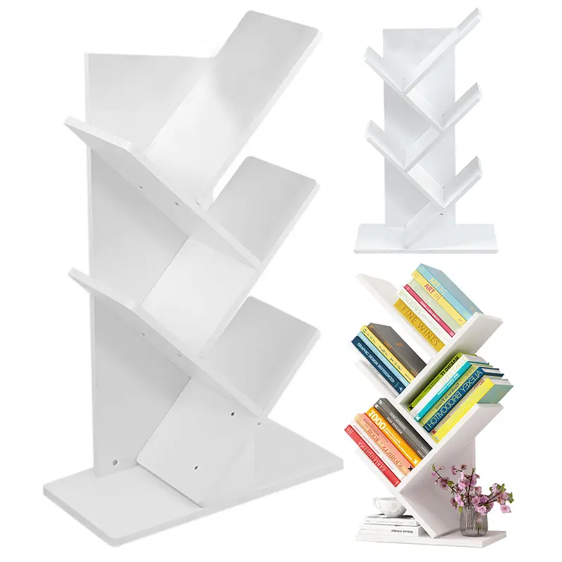Lushhub Rustic 5/9-Shelf Standing Tree Bookshelf Wood Display Rack in White/Black/Brown - Compact and Space-Saving Book Storage 4