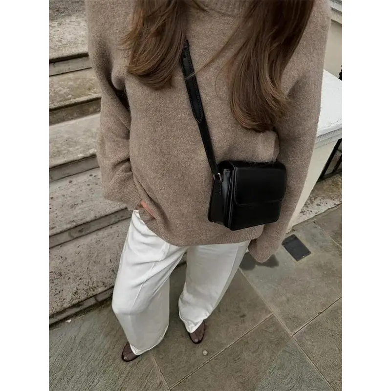 Casual Brown O-Neck Knitted Cashmere Pullover Women Fashion Full Sleeve Loose Commute Jumper 2024 Autumn Lady Street Outerwears 6
