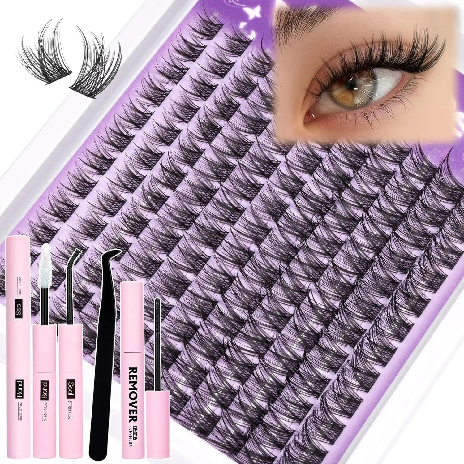 Natural Lash Clusters Kit Wispy Eyelash Clusters CC Curl Cluster Eyelash Extensions 132 pcs Individual Lash Extensions DIY Lash Extension Kit with Lash Bond and Seal and Remover Lash Kit by Mavphnee