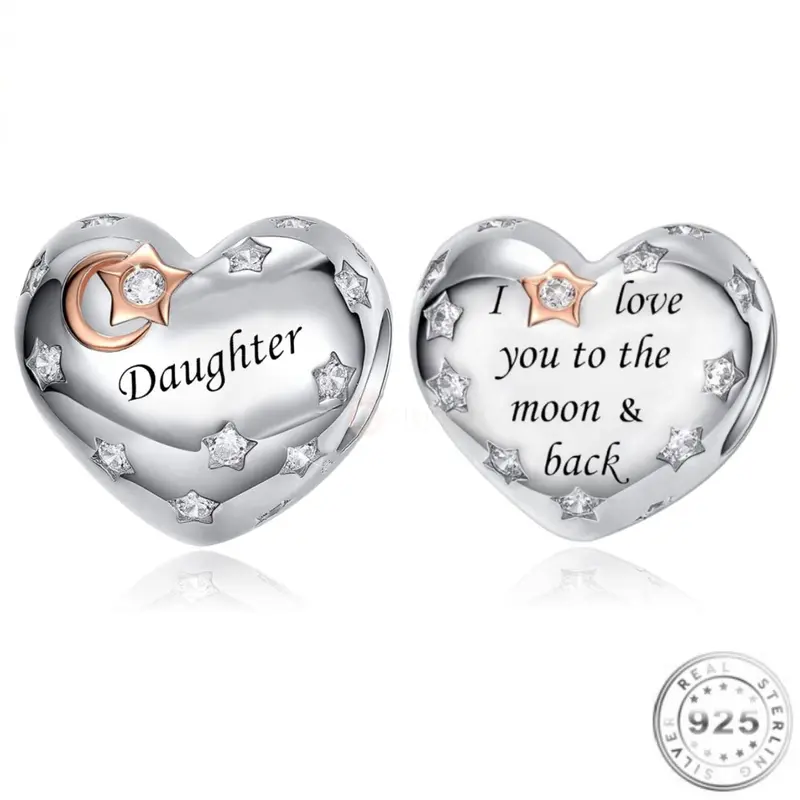Daughter Charm 925 Sterling Silver with Cubic Zirconia Stars and Moon & Star | Compatible with Pandora Bracelets - Christmas Gift 0