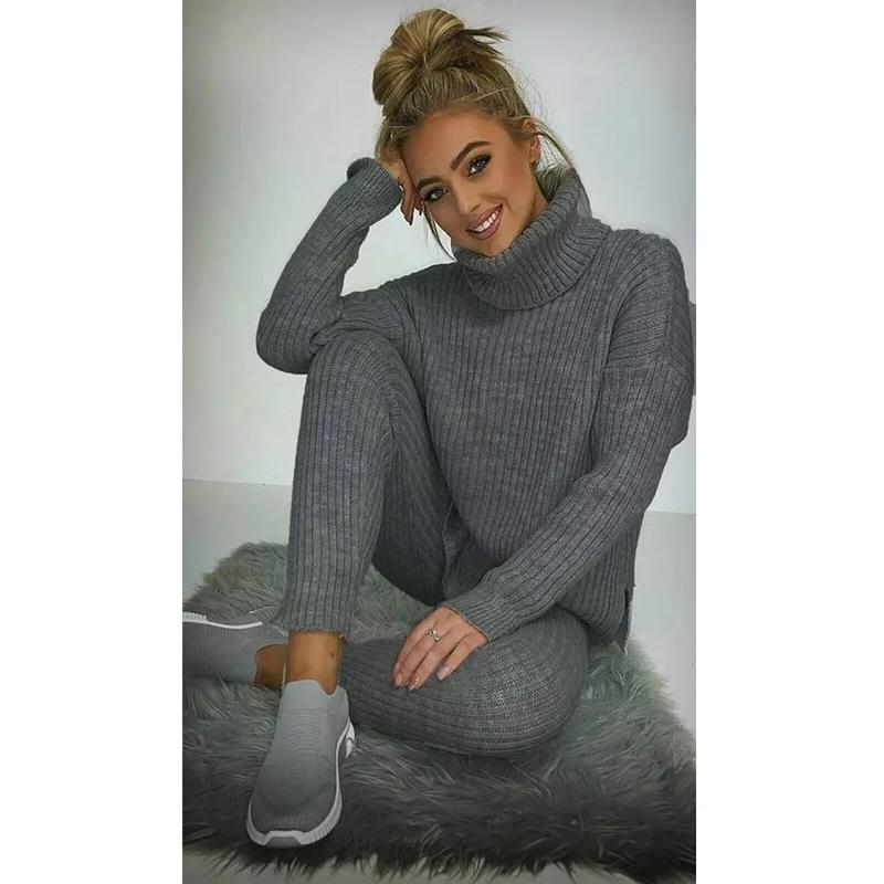 Ladies Chunky Knitted Loungewear Ladies Polo High Neck Top Leggings Suit Womenswear Overalls Underwear Lady Women Comfort Basic Long Sleeve Minimalist Chic Comfortable 6