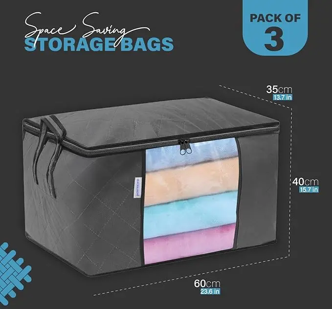 ACRALI HOME 90L Large Storage Bags with Zips- 3 Pack Foldable Clothes Storage Bag Organizer, Reinforced Handle and Transparent Window, Breathable Thick Fabric for Comforters, Blanket and Bedding- Grey Smooth Boxes Steel 1