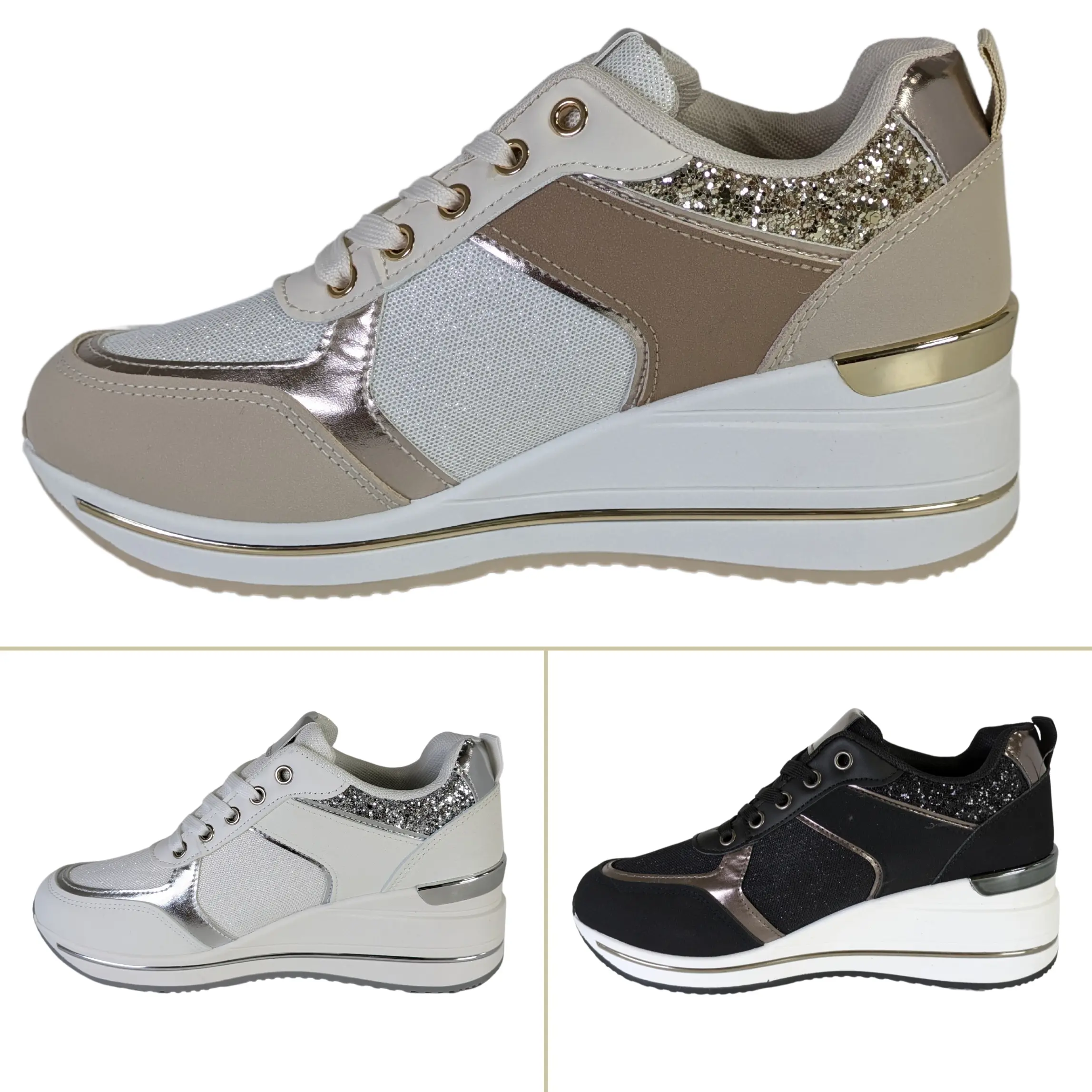 WOMENS LADIES GIRLS FOOTWEAR HIDDEN HEELS DIAMANTEE CONTRAST METALLIC TRAINERS SHOES CASUAL OUTDOOR STYLISH HIDDEN WEDGE LACE UP GYM SHINY TRENDY SHOE IN GOLD GYM SHOES WORKOUT JOGGING ACTIVEWEAR SIZES 3-8 Runner Training Sports Shoes Athletic