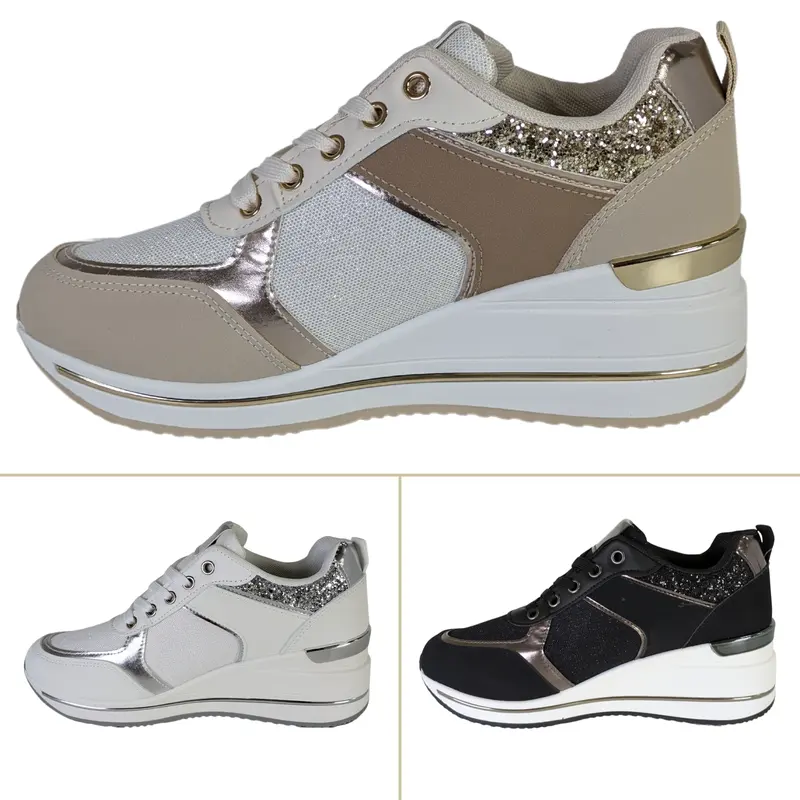 WOMENS LADIES GIRLS FOOTWEAR HIDDEN HEELS DIAMANTEE CONTRAST METALLIC TRAINERS SHOES CASUAL OUTDOOR STYLISH HIDDEN WEDGE LACE UP GYM SHINY TRENDY SHOE IN GOLD GYM SHOES WORKOUT JOGGING ACTIVEWEAR SIZES 3-8 Runner Training Sports Shoes Athletic 0