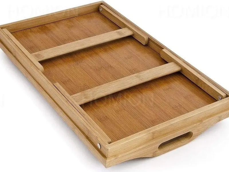 Wooden Breakfast in Bed Tray, 50 x 30 x 23 cm Serving Lap Tray With Folding Legs And Handles Bamboo Plates 4