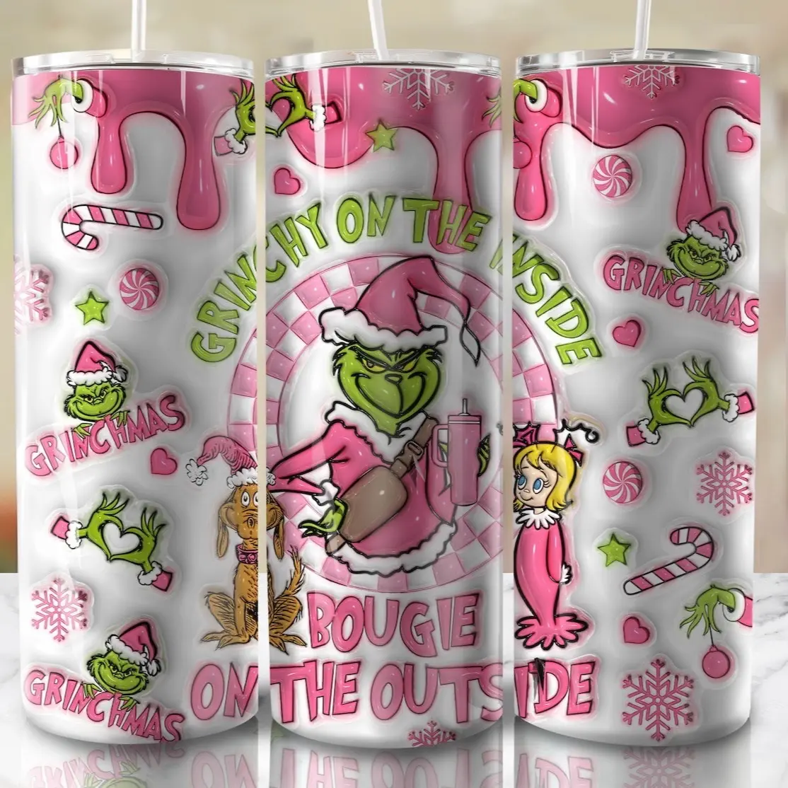 Christmas Bougue Grinch Pink 20oz Tumbler Bottle Drinkware