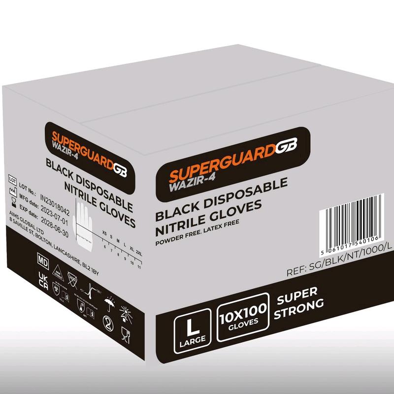 Black Nitrile Disposable Gloves 1000 Full Case SuperguardGB Wazir-4 10 Boxes of 100 Disposable Extra Heavy Duty Thick Powder Free Household Cleaning Mechanic Tattoo Garage 1
