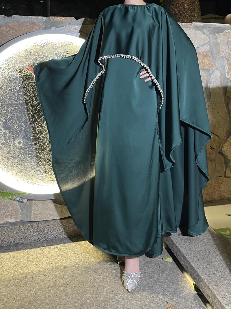 Product Introduction of 2025 Ramadan Promotion Two- piece Satin cape elegant dress , occasion abaya , Modest dress with pearl and crystal 9