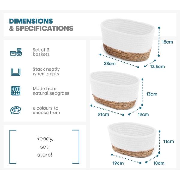 Product Introduction of Woven Seagrass Laundry Baskets Set of 3 - Stackable Home Organizer for Clothes, Toys & Blankets White Black 6