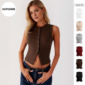 KatchMe Women's Minimalist Solid Color Sleeveless Button-Up Slim Tank Top, Lady Round Neck Top for Daily Wear, Summer Streetwear, Comfort Outfit