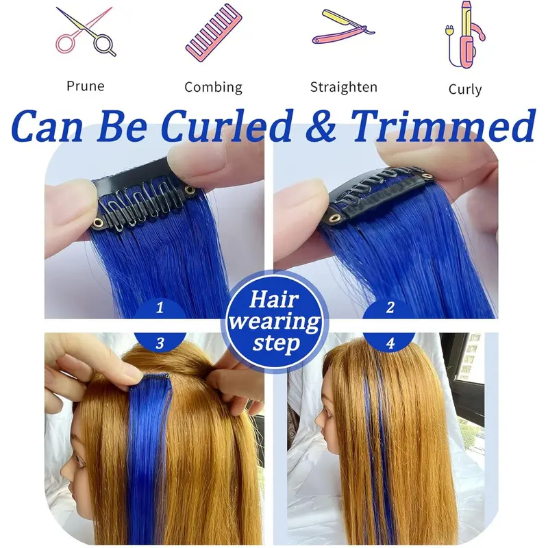 12Pcs Blue Hair Extensions Clip in Girls,21 Inch Heat-Resistant Synthetic Straight Blue Hair Accessories for Women Girls Gift Party Highlights Blue Hairpiece (Blue) 5