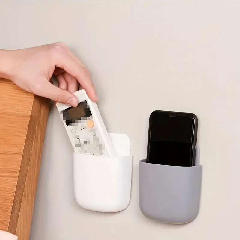 (Giveaway) 1pc Wall Mounted Storage Box, Plastic Adhesive Storage Box, Mobile Phone Charging Holder, Remote Control Storage Organizer Rack, Multipurpose Storage Container For Air Conditioner TV Controller White 2