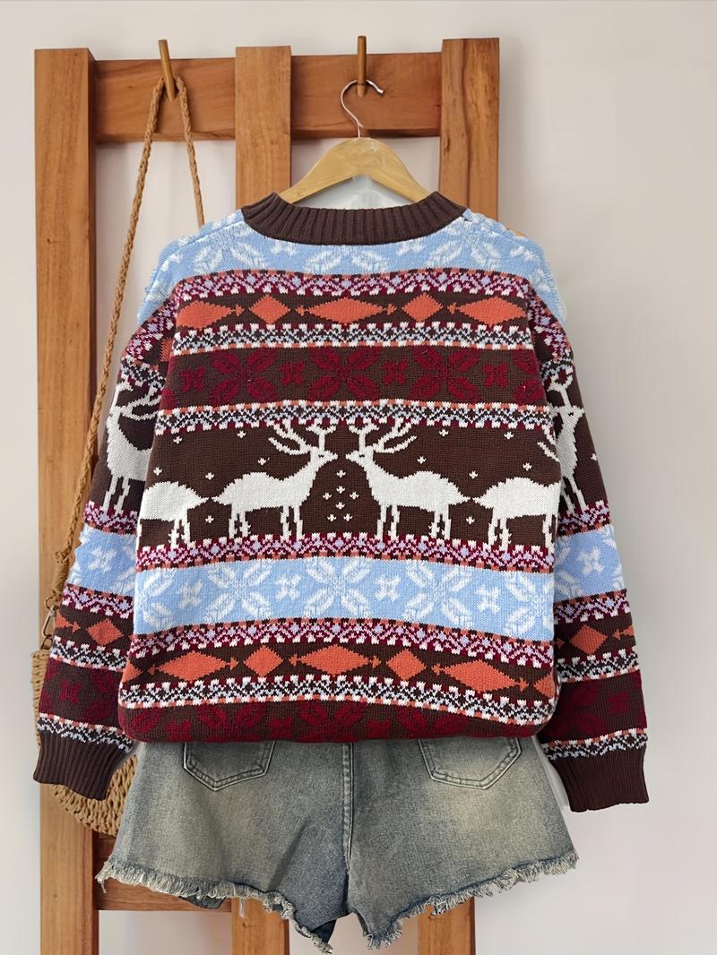 Product Introduction of Plus Size Christmas Deer Pattern Knitted Sweater, Casual Crew Neck Long Sleeve Pullover Sweater, Women's Plus Size Clothing 2