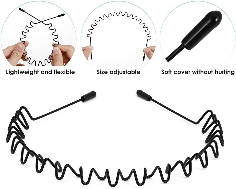 Elastic Wavy Spring Wave Hair Hoop, Multi-Style Black Non-slip Metal,Unisex Sport Fashion Hair Band Accessories for Women and Men(6 Pieces) 2