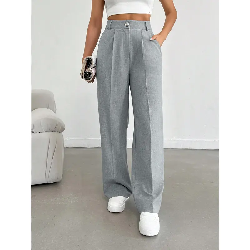 Women's Grey Melange Color High Waist Wide Leg Pants With Button And Zipper Details Fabric Fit Womenswear Bottom Comfort Trouser Wideleg Basic Casual Minimalist 2