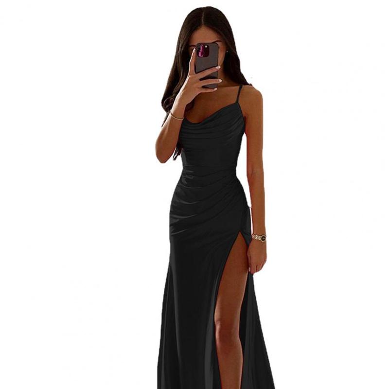 Product Introduction of Summer Women's Sexy Vintage Tulle Long Dress  Spaghetti Strap Satin Pleated Low-cut V Neck High Split dress Party Gown Ball 20