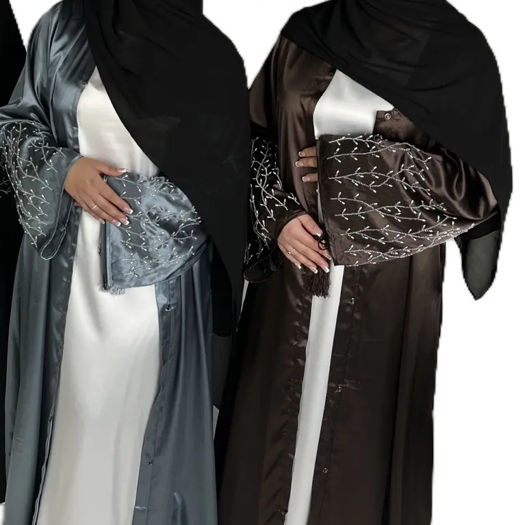 RIDA ABAYA 3 PIECE SET OUTER BUTTONED SATIN ABAYA INNER SATIN SLIP DRESS & BELT EID ABAYA BEADED ABAYA EMBELLISHMENT ABAYA OCCASION WEAR ABAYA SATIN ABAYA  Wedding Abaya Muslim Fashion Modest Islamic Arabic Dress Slip Dress Modest Slip Dress lover party