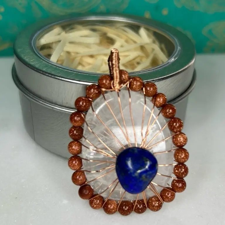 Wire wrapped Clear Quartz Pendant with Lapis Lazuli and Sandstone