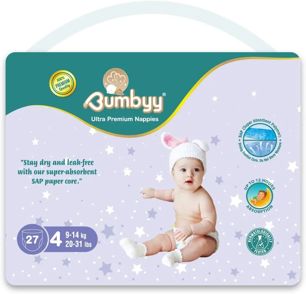 Bumbyy Premium Baby Nappies Size 4 (9-14kg/20-31lbs) - Chemicals Free and Dermatologically Tested 12 hr Dry Nappies - Hypoallergenic Soft & Thin Diapers for Most Sensitive Skin - 27 Count