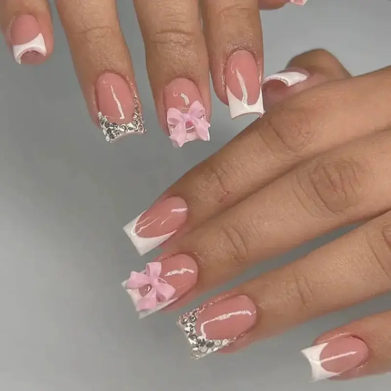 Pink French Style 3D Bowknot Press-On Nails Default 2