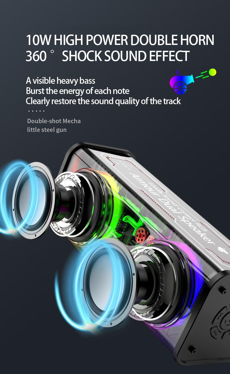 Product Introduction of New transparent dazzle colour light bluetooth speaker V8/small steel cannon bass/support tandem mecha 4