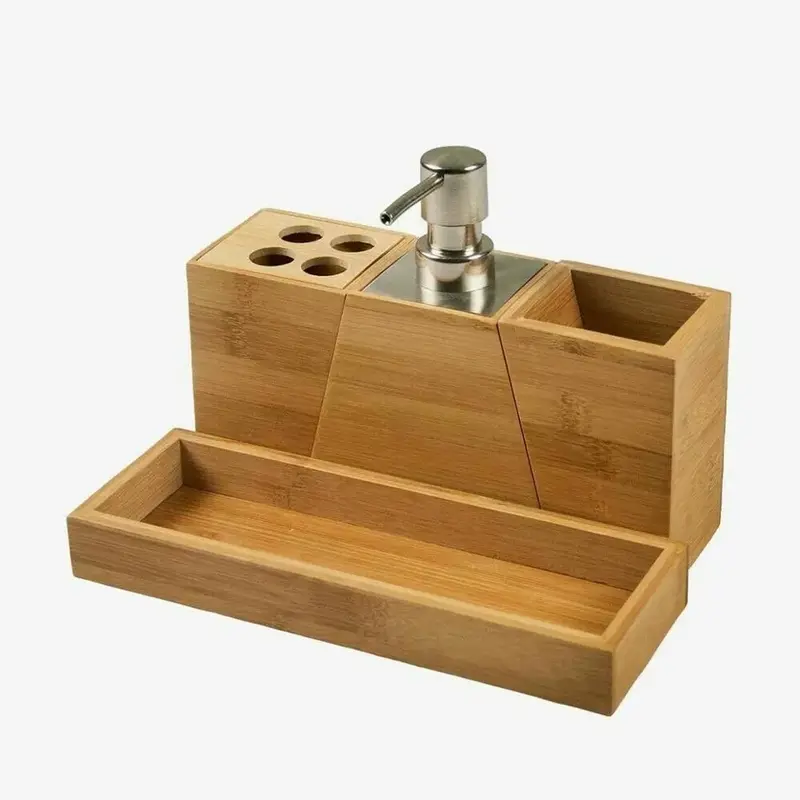 Bamboo Bathroom Accessories Set - Tumbler, Soap Dispenser, Brush Holder, and More 1