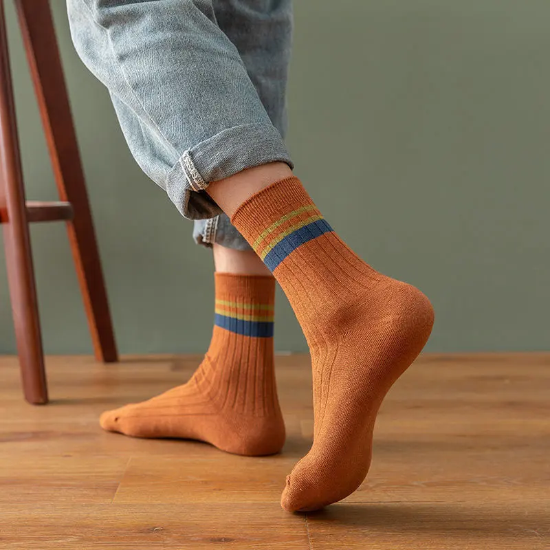 RISELDAJOR  5 Pairs of Men's Mid-Calf Socks with Striped Design, Solid Color, Ideal for Spring and Autumn, Also Great as Winter Long Socks, Odor-Resistant and Moisture-Wicking, Sweatproof 8