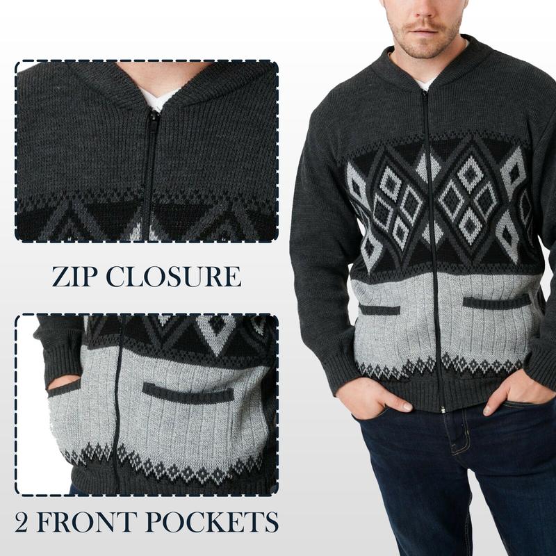 Men's Classic Argyle Diamond Pattern Full Zip Closure Ribbed Hem & Cuffs Cardigan - Warm Winter Long Sleeves Knitwear Grandad Sweater Casual Jumper Menswear Tops 3