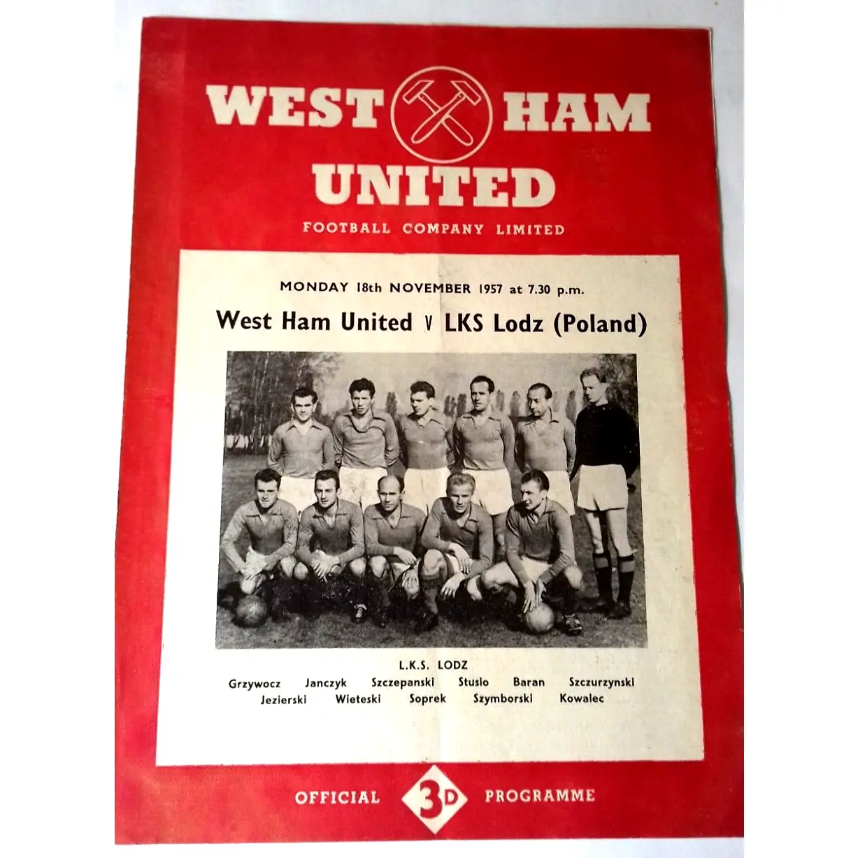 West Ham Utd v LKS Lodz (Poland) Used Programme Friendly 18th November 1955.