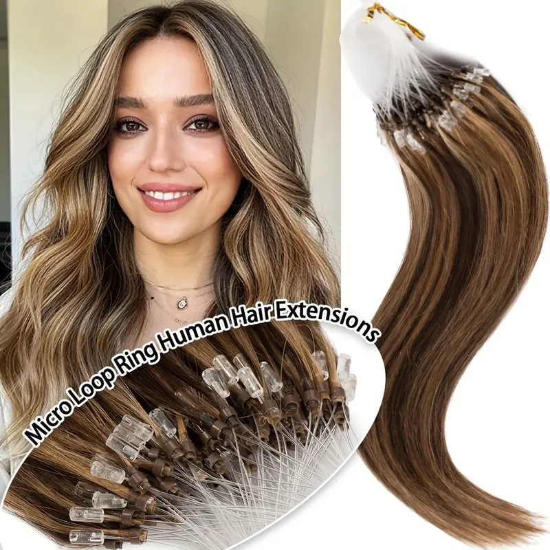 50 Strands Invisible Micro Nano Beads, 100% Human Hair Extensions - Thick Micro Ring Loop, 50g Pack, Versatile Lengths (40.64cm-60.96cm) for Fuller, Longer Hair 0