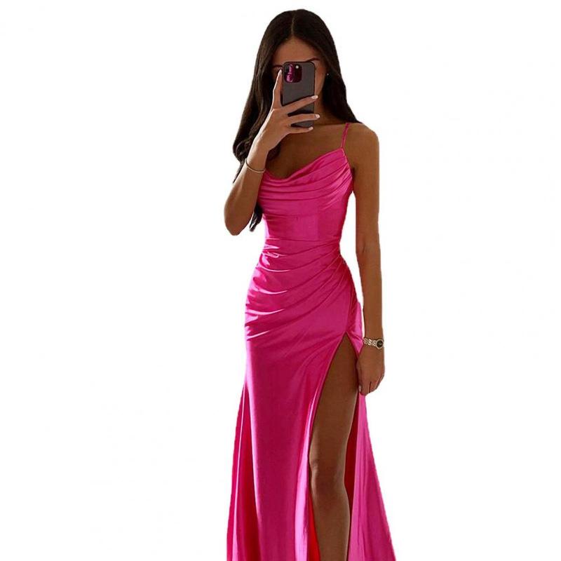 Product Introduction of Summer Women's Sexy Vintage Tulle Long Dress  Spaghetti Strap Satin Pleated Low-cut V Neck High Split dress Party Gown Ball 23