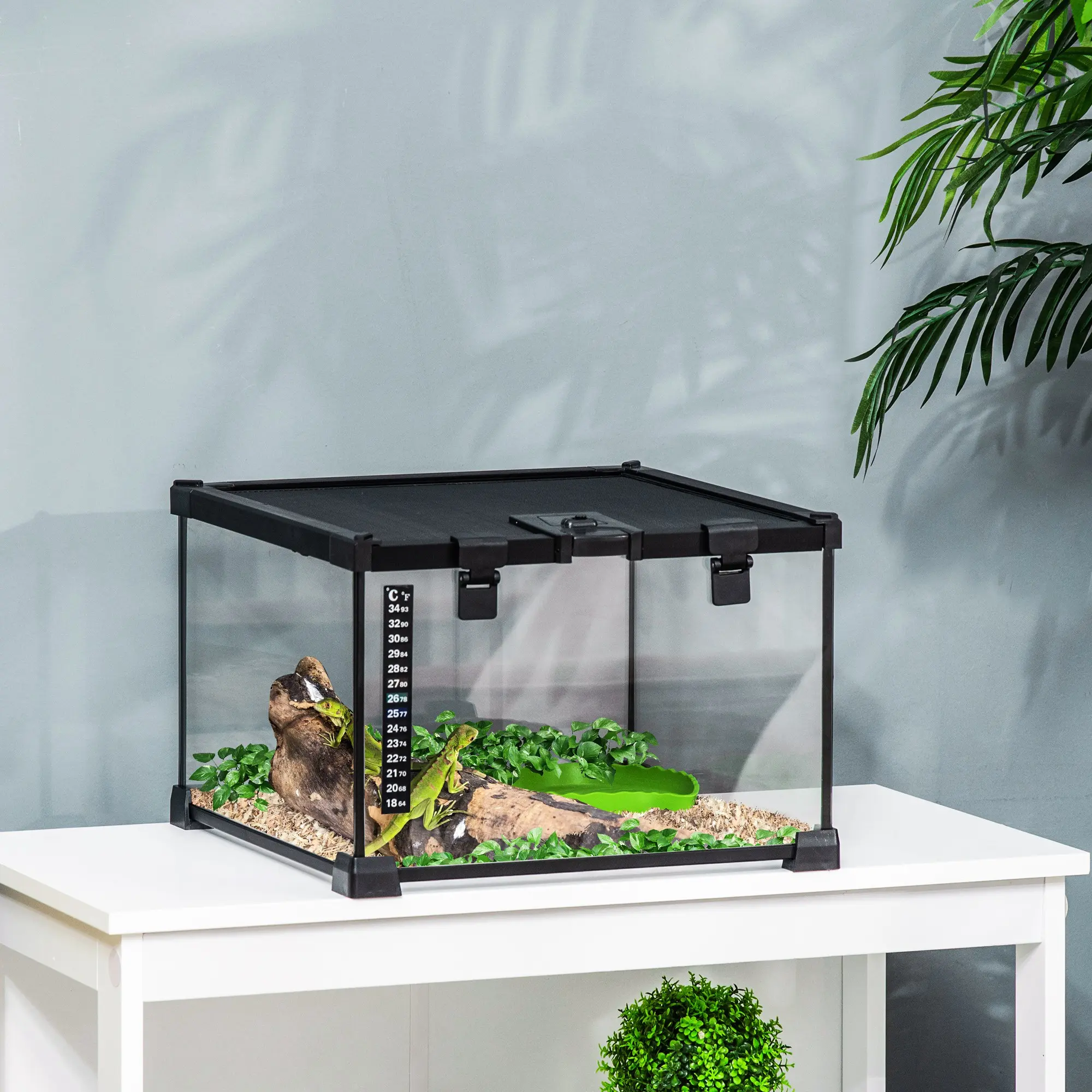 PawHut Glass Reptile Terrarium Insect Breeding Tank Vivarium Habitats with Thermometer for Lizards, Horned Frogs, Snakes, Spiders