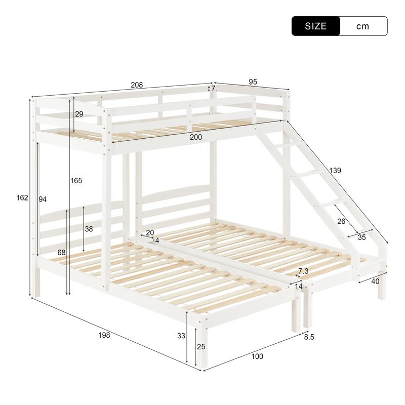 UK New Bed Loft Bunk Bed Triple Sleeper with Side Ladder for Children and Teens 3FT, White (90x190cm,90x200cm) 8