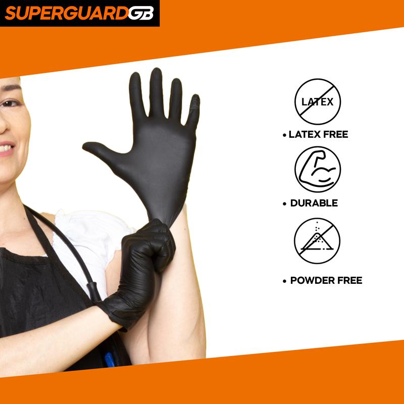 Superguard GB Black Disposable Heavy Duty Nitrile Wazir-4 Gloves Box Of 100 AQL 1.5 Cleaning Home Garage Tattoo Garden Kitchen Cover Industrial Engineeering Rubber Meachanic Painting Household 7