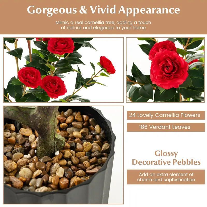 COSTWAY 1/2 Pieces 95cm Artificial Camellia Tree with Flowers and Rain-Flower Pebbles 8