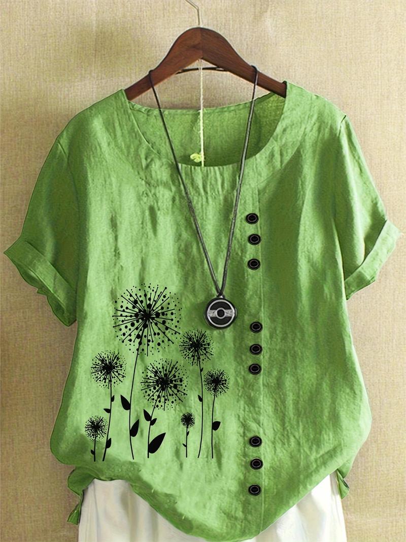 Product Introduction of Women's Plus Size Casual Loose-Fit Blend Blouse with Floral Print, Short Sleeve, Round Neck, and Faux Button Details - Soft Green Fabric, Machine Washable, Blouse Shirts Top 0