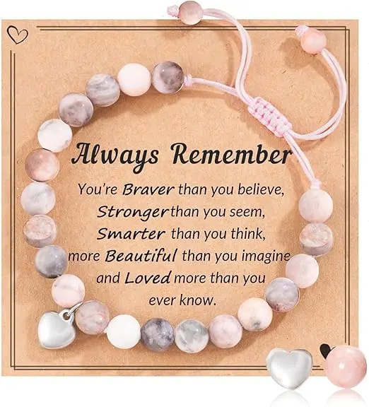Anxiety Bracelet, Natural Stone Healing Bracelet Ajustable Drawstring Gemstone Beads Bracelet Pink Zebra Bracelet with Heart Charm Message Card for Women Teen Girls Christmas Birthday Gifts 0