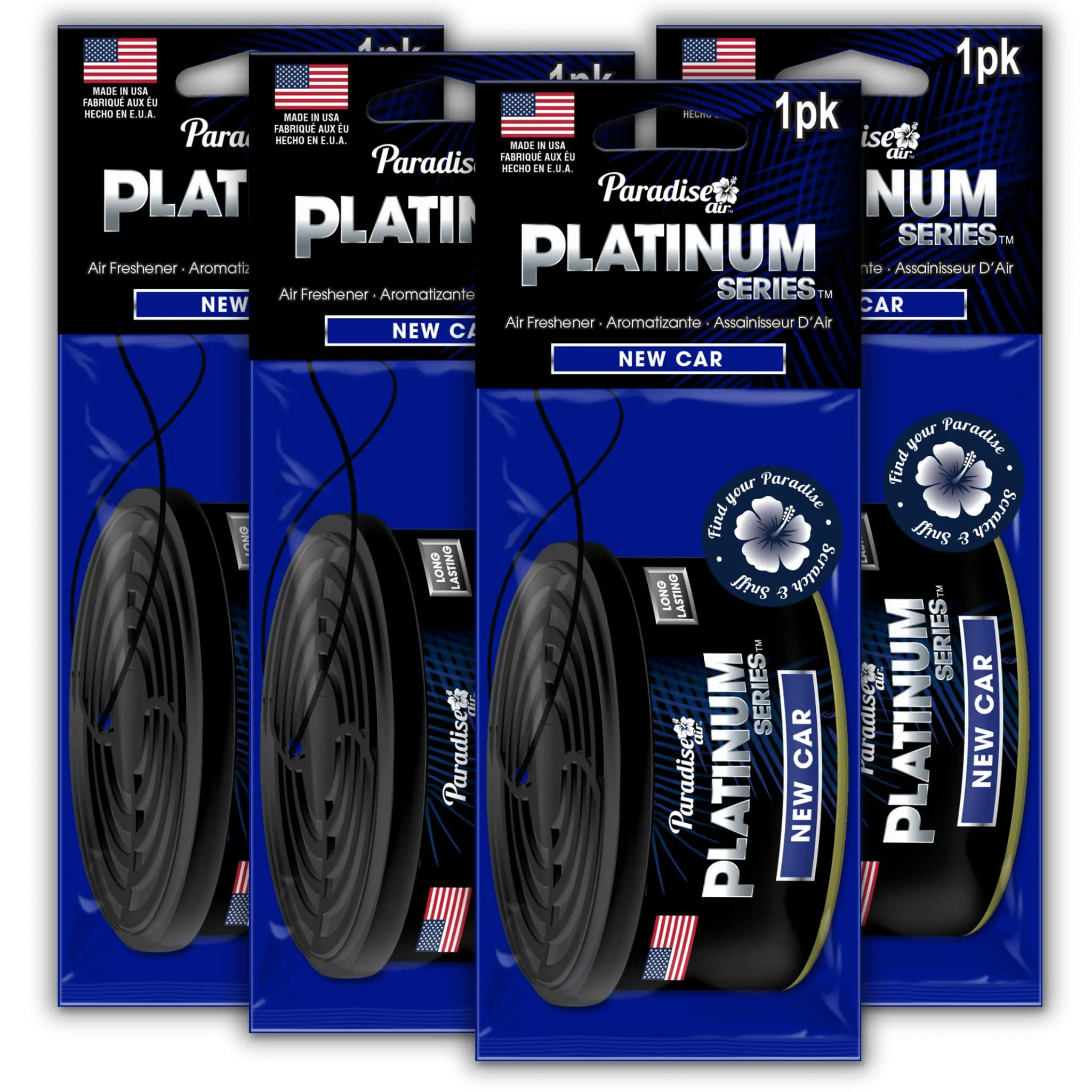 Paradise Air Platinum Hanging Car Air Freshener, Pack of 4, 30-Day Long-Lasting Fragrance for Car, Home or Office