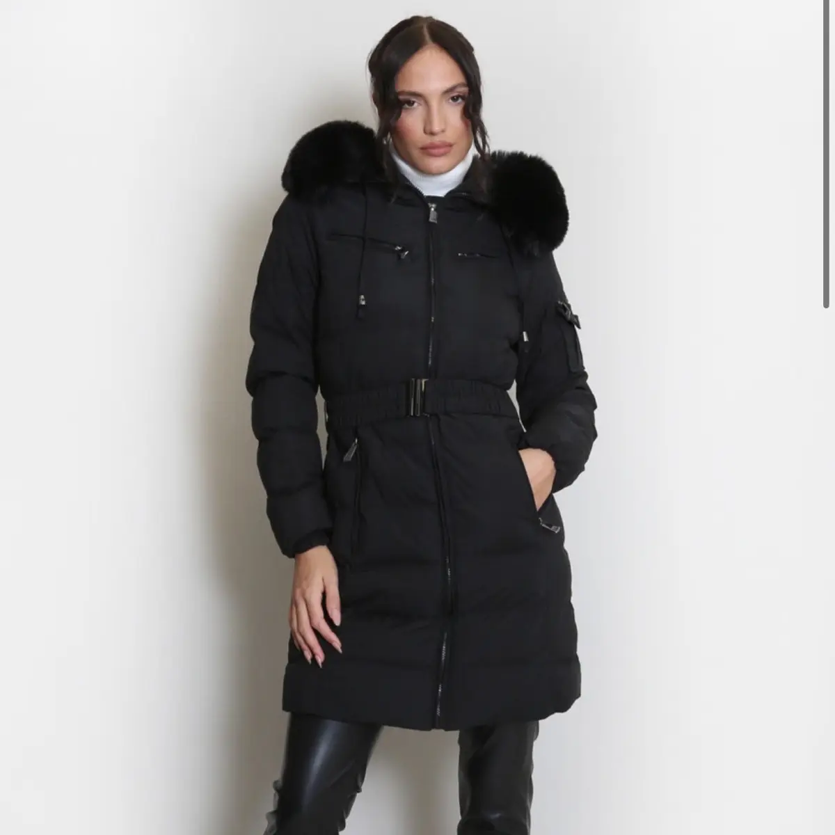 Women's fur hood Faux Fur Long Coat with Belt. new york spring puffer