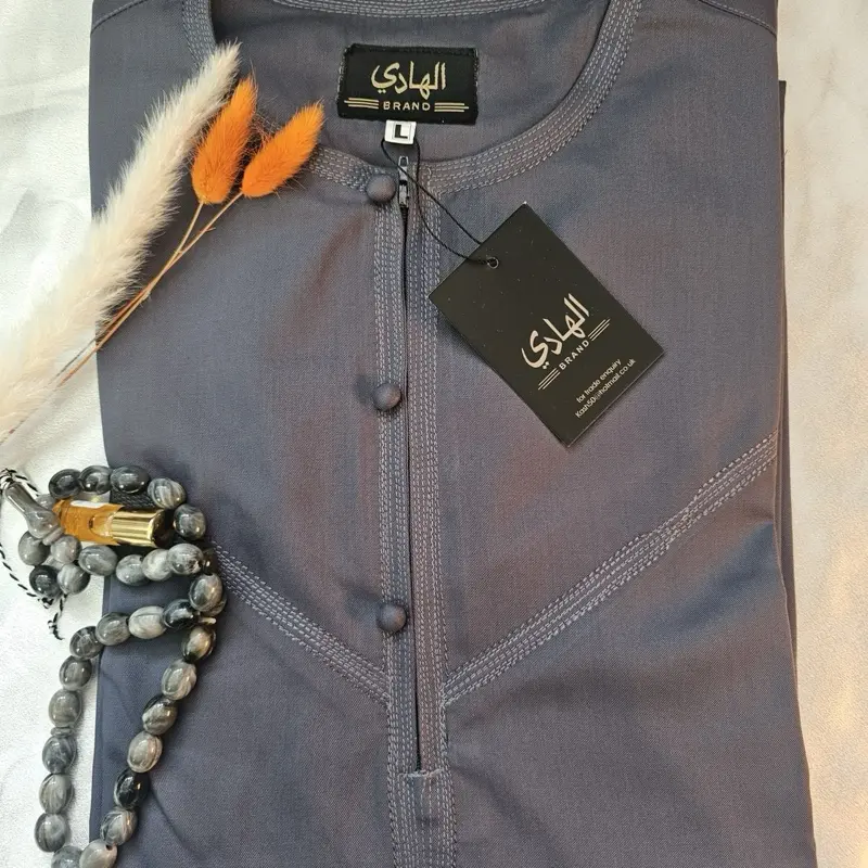 Al Hadi’s Premium Emirati Button Design Thobe in Grey for Men 0
