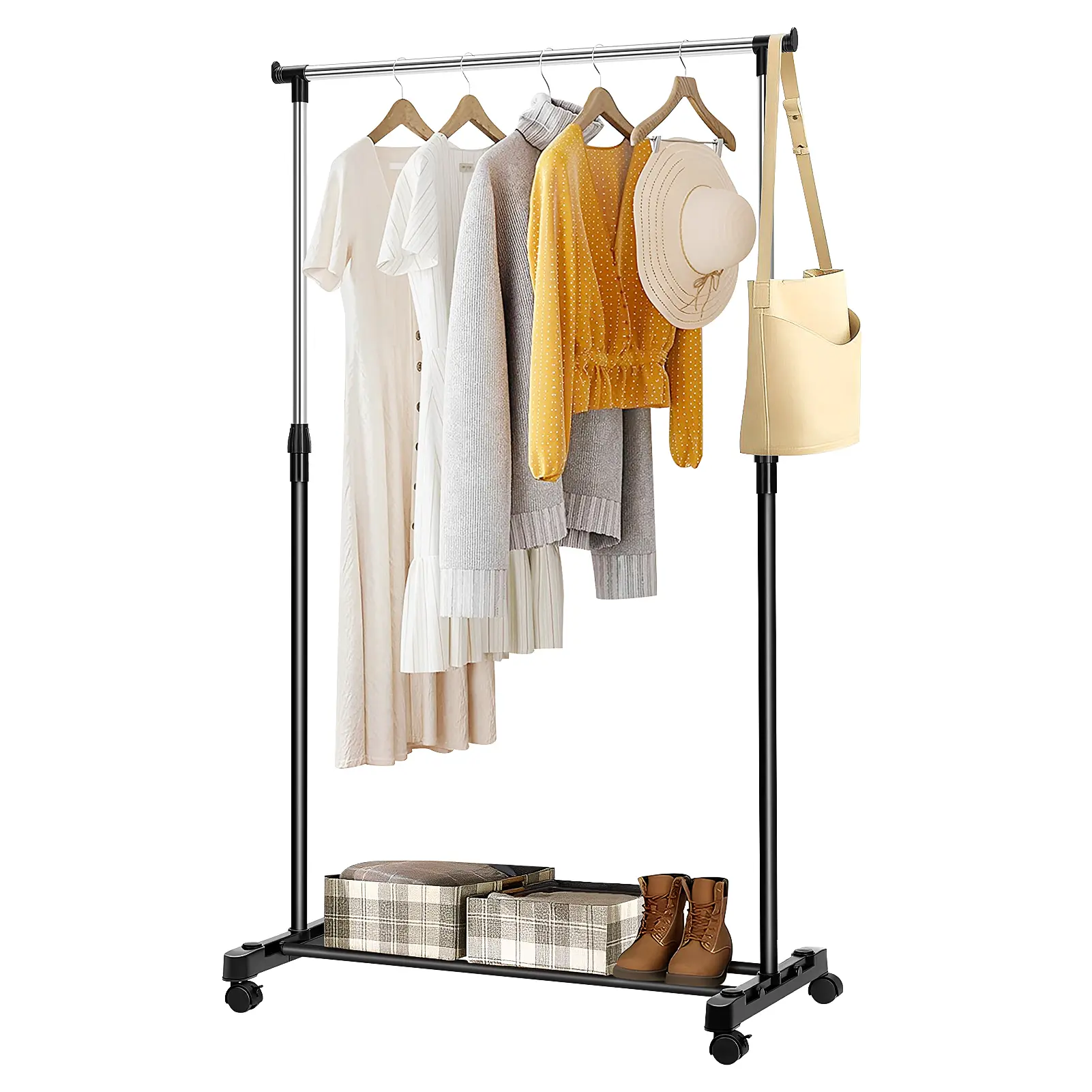 GoDyna Clothes Rail for Bedroom Adjustable Garment Rack with Wheels 83x42x95-160cm Hanging Rail for Clothes Single Clothing Rail Clothes Organizer Coat Rack Heavy Duty Cloth Rack Metal Hangable Accessories Laundry